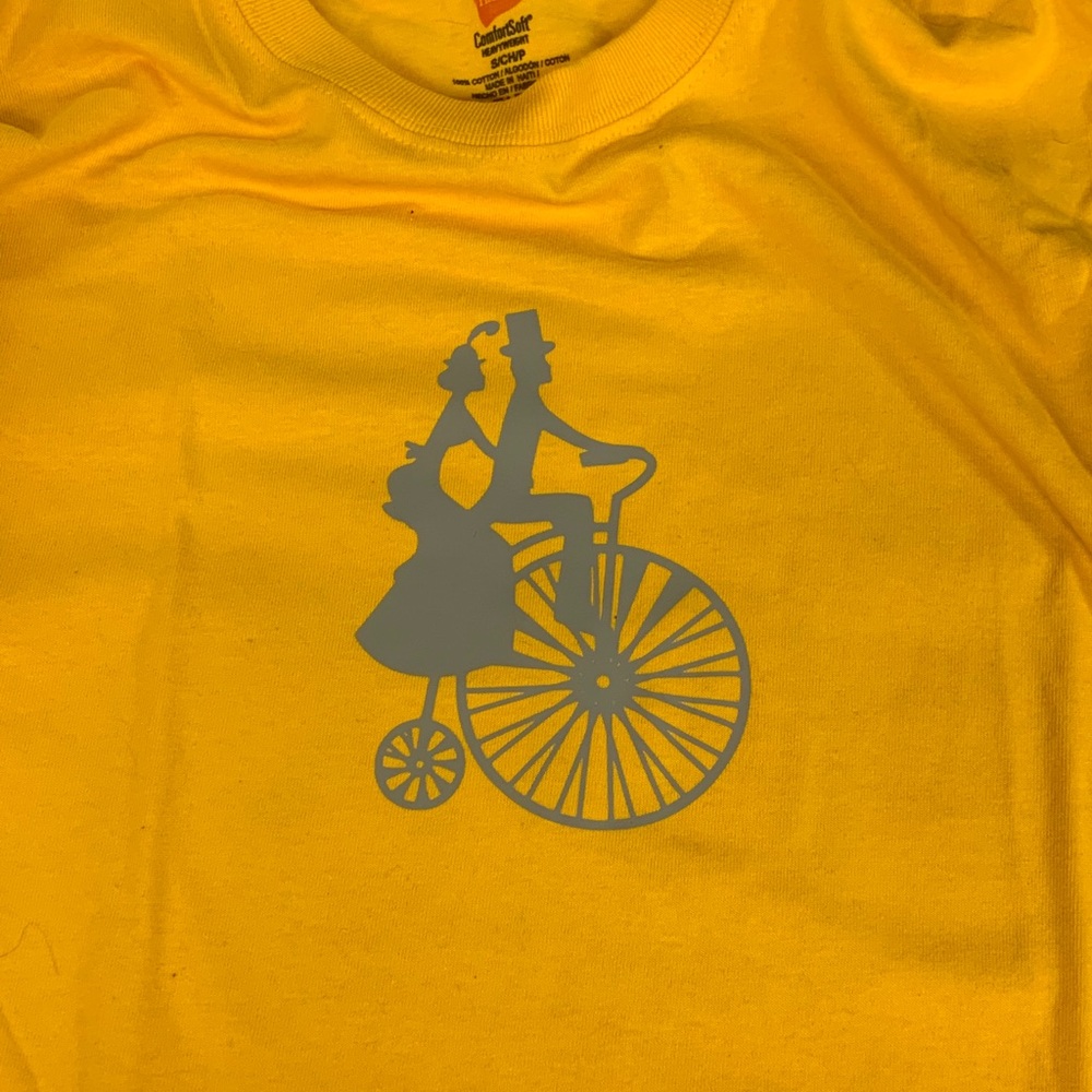 Golden yellow tee with grey vintage graphic
